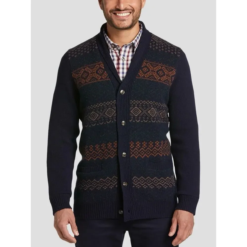 Jos A Bank Wool Navy Blue Fair Isle Grandpa Cardigan Sweater Pockets XL NWT